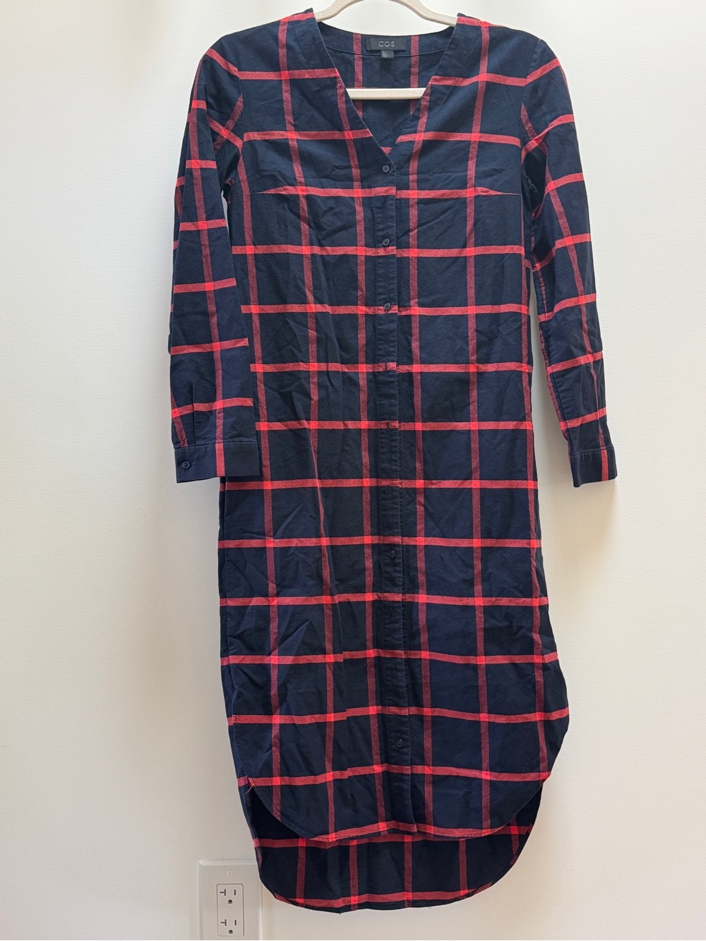 COS Navy and Red Windowpane Button-Front Shirt Dress